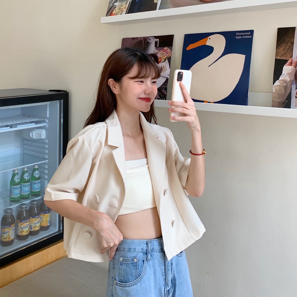 SET ÁO BLAZER ULZZANG NGẮN TAY CROPTOP HOT TREND 2021-  PHONG CÁCH HÀN QUỐC GỒM ÁO TRONG VÀ ÁO NGOÀI (CÓ VIDEO THẬT) | BigBuy360 - bigbuy360.vn
