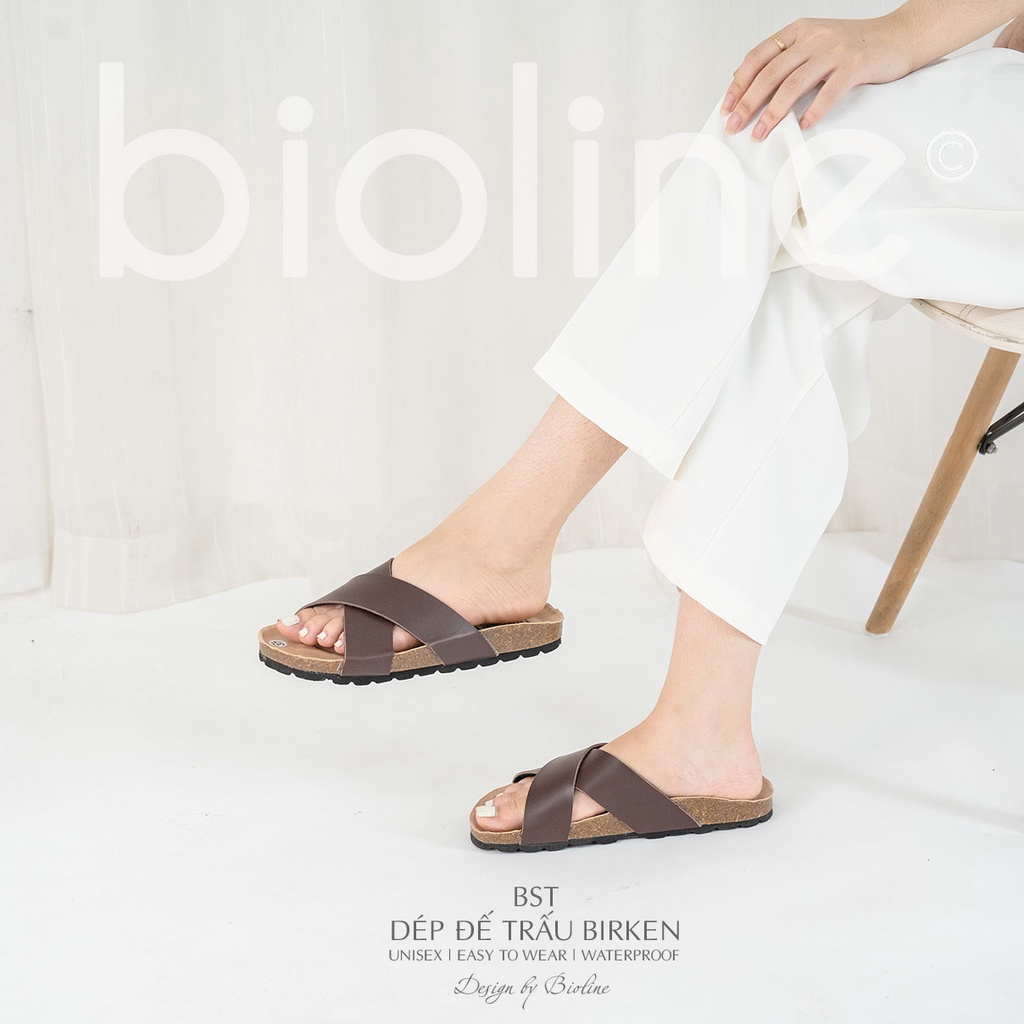 PUK03-CHỐNG NƯỚC - Dép đế trấu Birken chính hãng Bioline nam nữ Unisex, quai chéo, da PU cao cấp, dép công sở