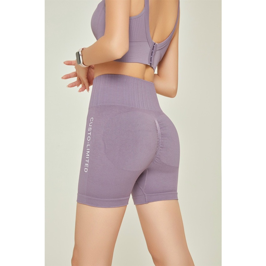Quần Short Tập Gym Yoga Dệt In Chữ Nâng Mông, Quần Đùi Thể Thao Lưng Cao Nịt Bụng Ba Màu - OQ023