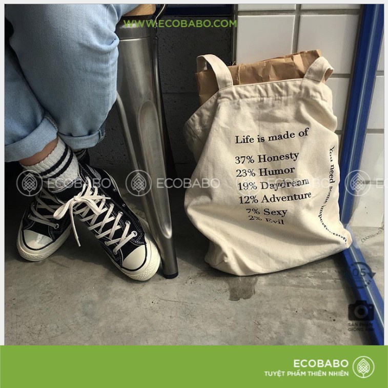 Túi vải bố họa tiết LIFE vintage tiện dụng bên trong có 1 túi nhỏ + 1 dây buộc túi | Ecobabo