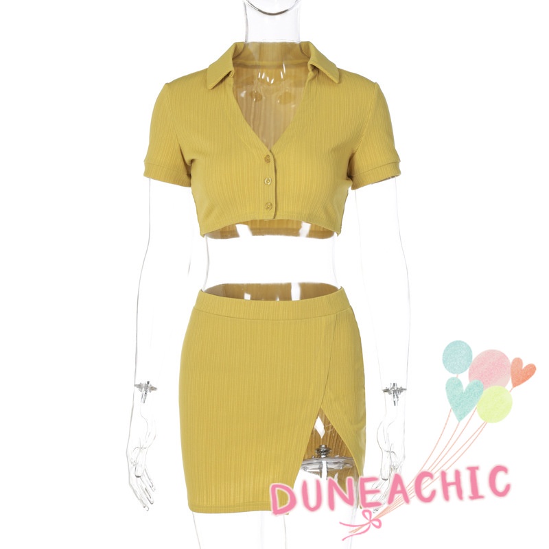 DUNEA Set Áo Thun Ngắn Tay Cổ Bẻ Phối Chân Váy Lưng Cao Xẻ Tà Thời Trang Trẻ Trung Cho Nữ