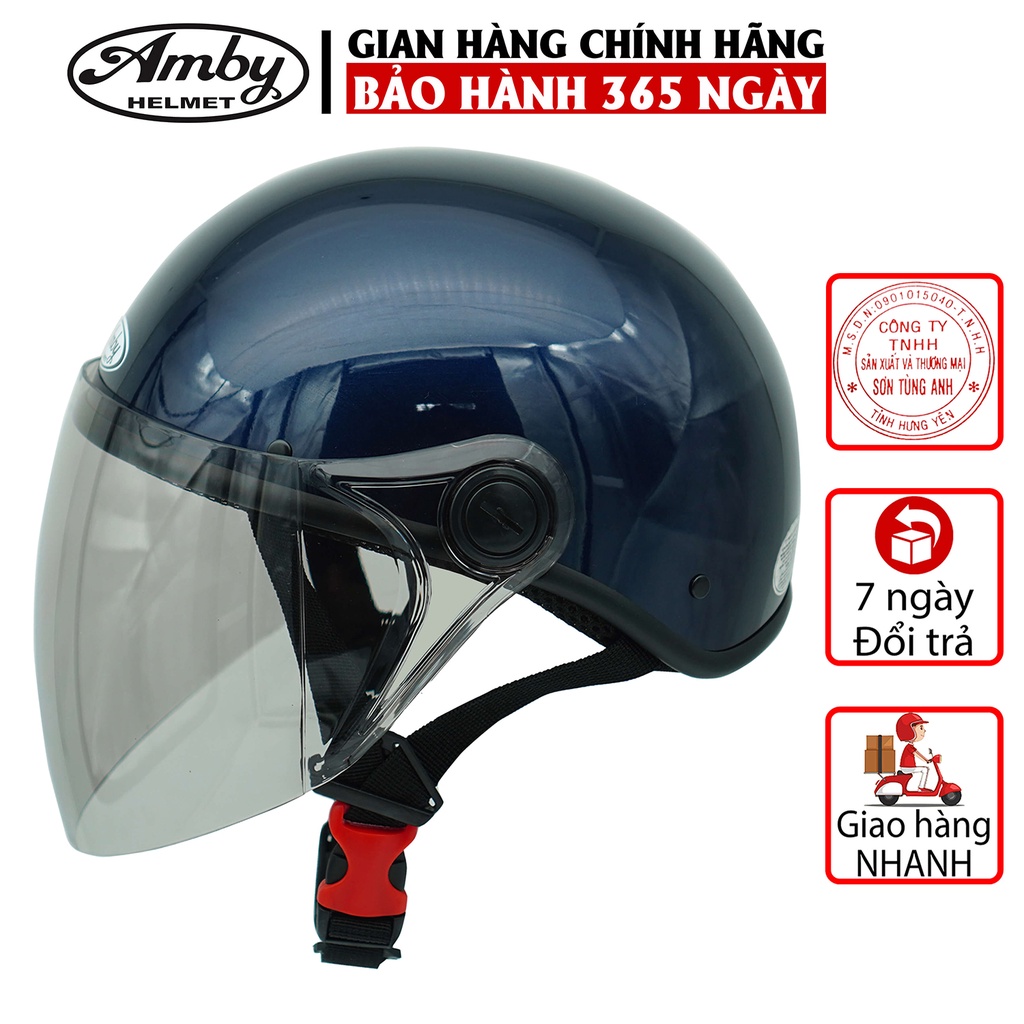 Mũ Bảo Hiểm Nửa Đầu Amby Helmet ST05, có kính dài che cả mặt, kiểu dáng thời trang cho nam và nữ - Xanh Than Bóng