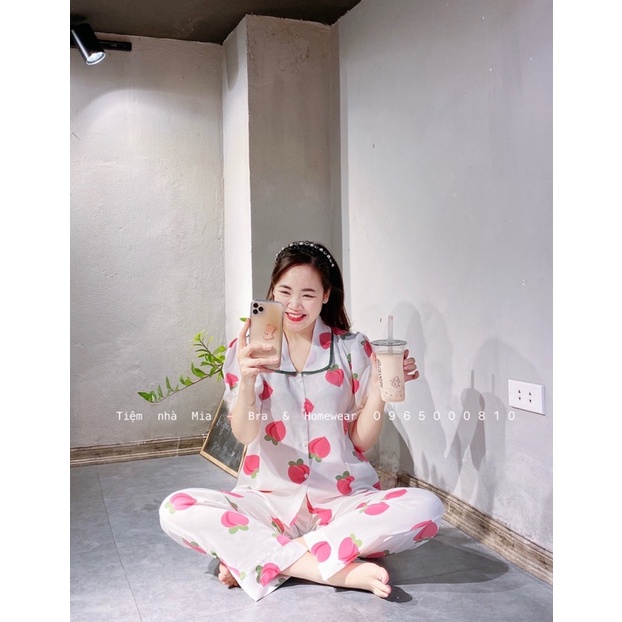Tiệm nhà Mia - Bộ ngủ pỵjama cổ tròn chất lụa latin mịn 2 mặt gấu