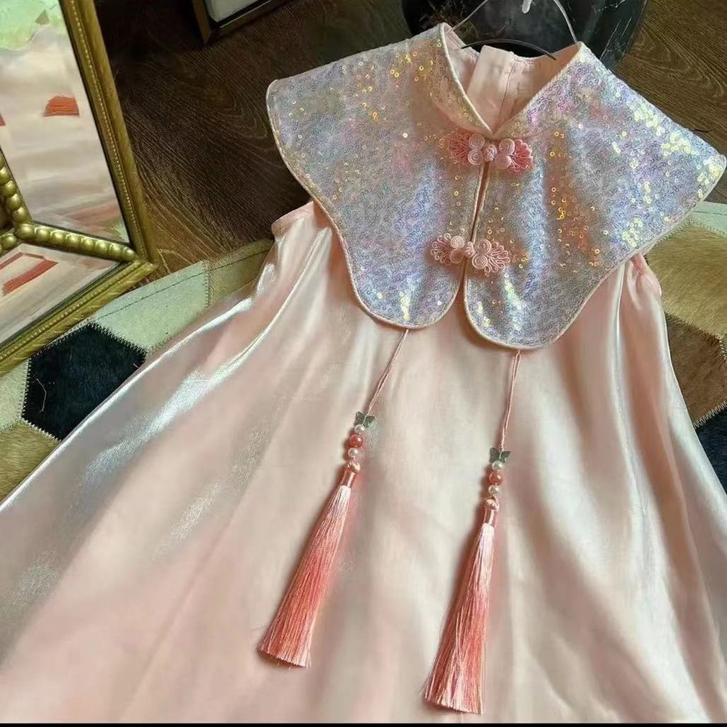 Đầm Sườn Xám Không Tay Phối Tua Rua Thời Trang Mùa Hè Dành Cho Bé Gái