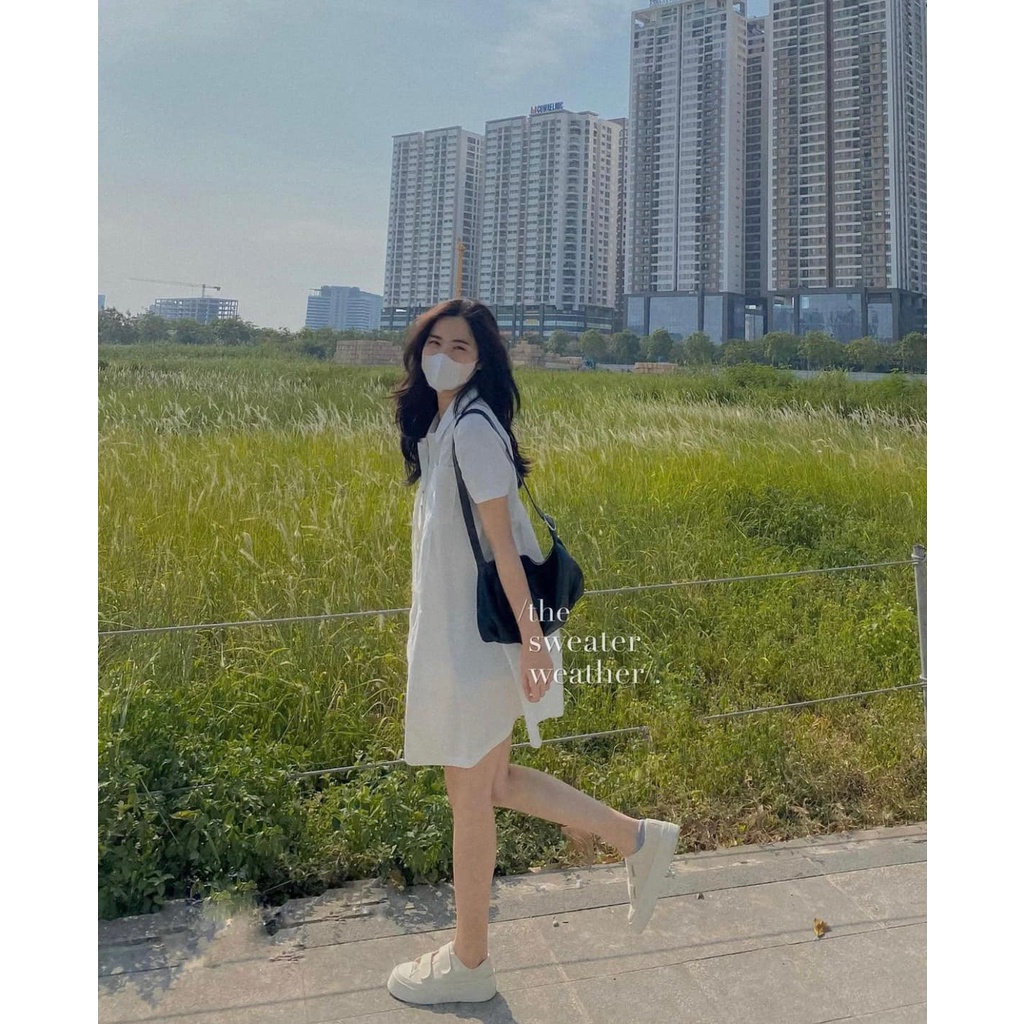 Đầm - Váy sơ mi thô chữ A túi ngực hai màu