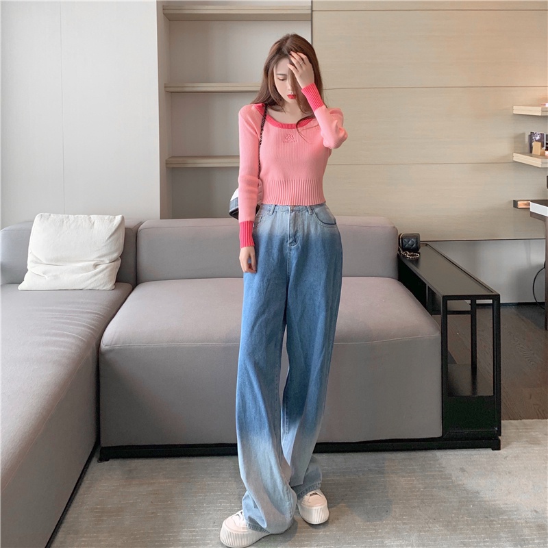 【ZHELIHANGFEI】 / Áo Dệt Kim Dáng Ôm Ngắn Lưng Cao Màu Hồng Thời Trang Xuân Thu Cho Nữ