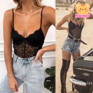 Áo bodysuit hai dây ren cổ chữ v quyến rũ