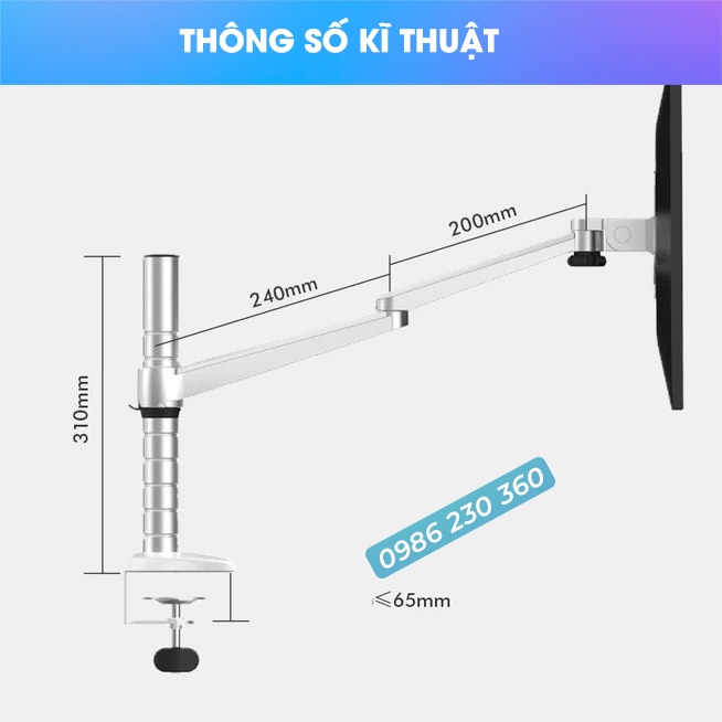 OA-7X | Giá Treo Màn Hình  24 - 27 - 32 Inch  - Kèm Tay Treo Đỡ Laptop 10 - 15.6 Inch -  Hợp Kim Nhôm Cao Cấp