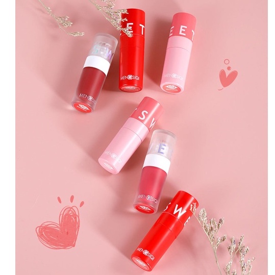 Set 3 Son Môi Mengsiqi Sweet Kiss Soft  Fog Suit Dạng Kem Siêu Lì Làm Phấn Má Hồng Dưỡng Ẩm Không Khô Nội Địa Trung