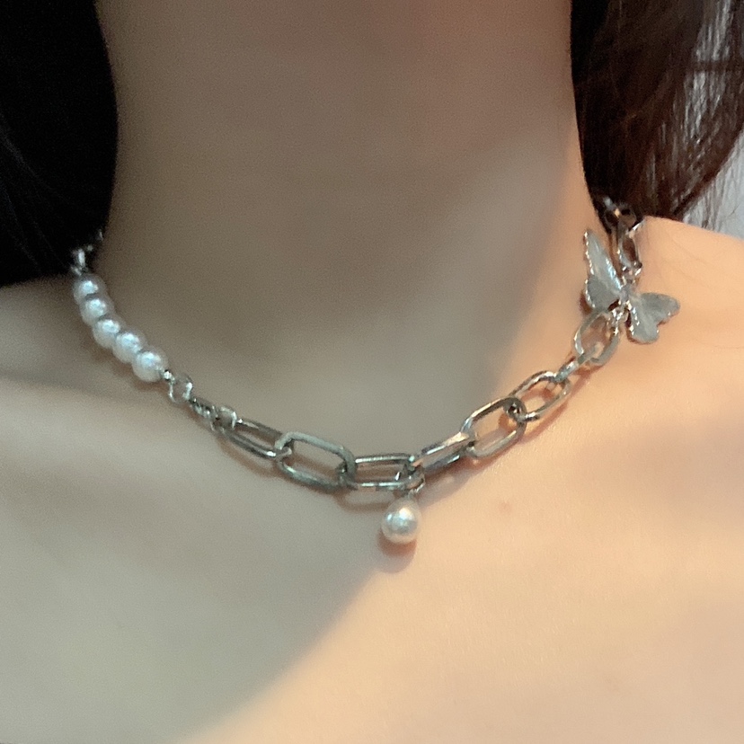 vòng cổ Mặt Bướm Đính Ngọc Trai Phong Cách Hàn Quốc