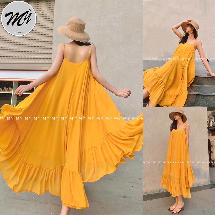 Váy Maxi Dài Chất Chiffon Có Lớp Lót Trong Dây Tăng Đưa Điều Chỉnh Màu Vàng Nhiều Size - VÁY MAXI DRESS