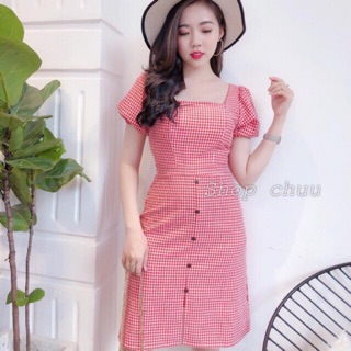 Đầm caro nút bọc chất caro xốp dày dặn