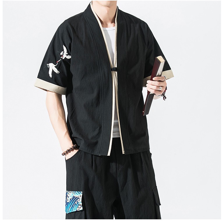 Áo Khoác Thô Đũi Nam Phong Cách Nhật Thêu Hạc Trên Vai | BigBuy360 - bigbuy360.vn