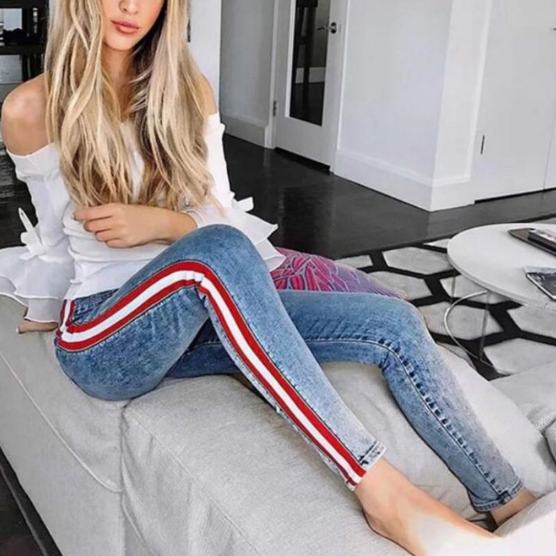 Xiangbao Quần Jean Nữ Cạp Cao Dáng Ôm Màu Khối Kẻ Sọc Có Kích Thước Lớn Mùa Thu