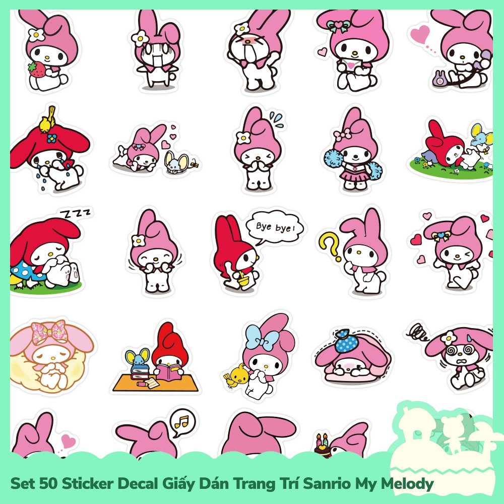 [Sẵn VN - NowShip] Set 50 Sticker Decal Dán Trang Trí Mẫu Nhân Vật Hoạt Hình Sanrio My Melody
