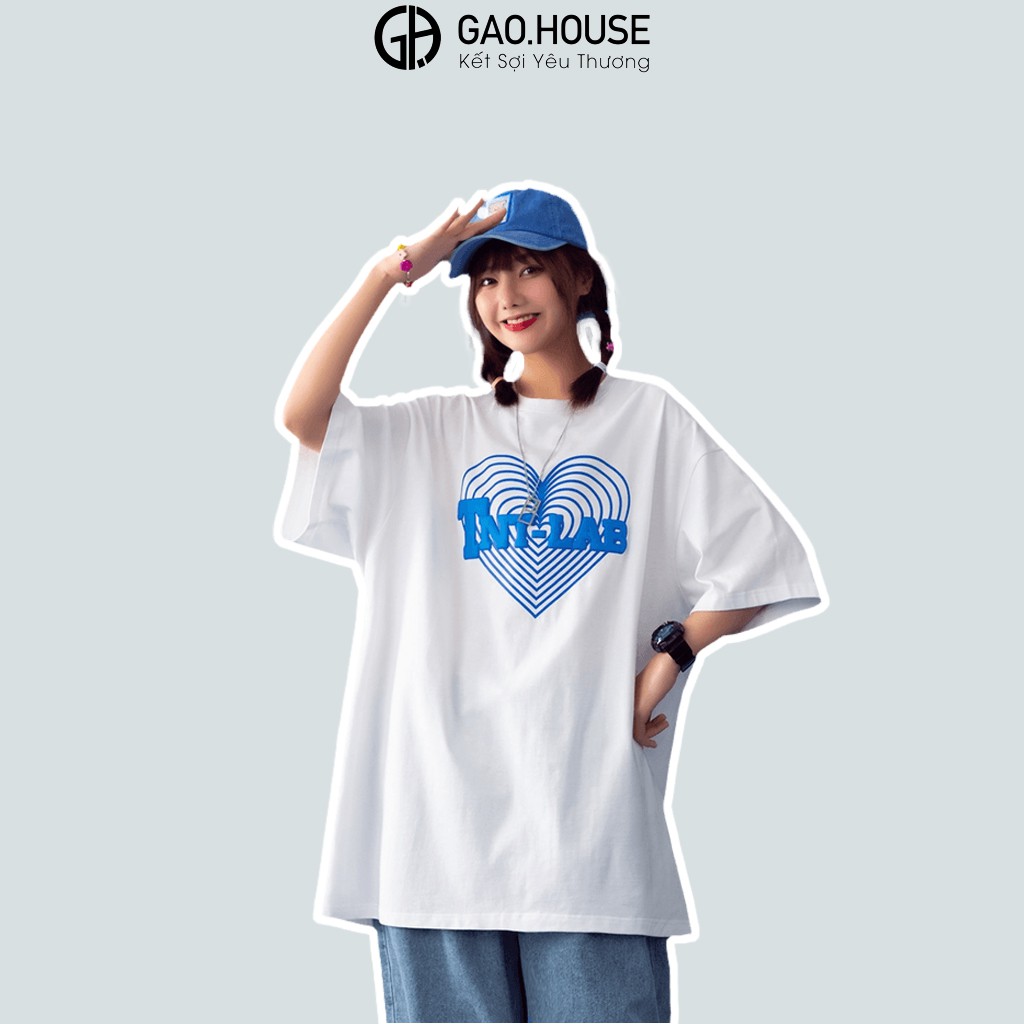 Áo thun nam nữ oversize Gạo House phong cách unisex form rộng tay ngắn, cổ tròn  hình TNT-LAB trái tim xanh V216