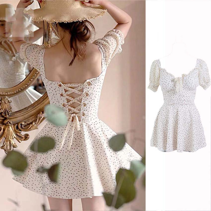 Váy Nữ, Đầm Nữ Chấm Bi, Váy Đan Lưng Dáng Xoè Nữ Tính Dịu Dàng Moda.H
