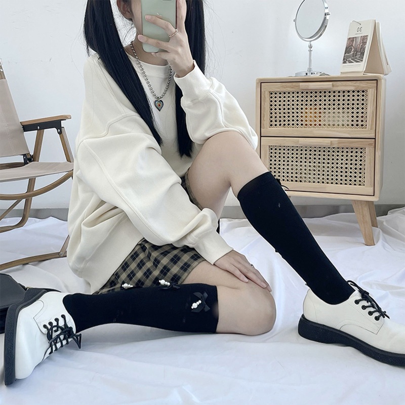 Xixi Vớ Cotton Cao Đến Đầu Gối Đính Nơ Phối Ngọc Trai Ngọt Ngào Phong Cách Harajuku Cho Nữ Sinh