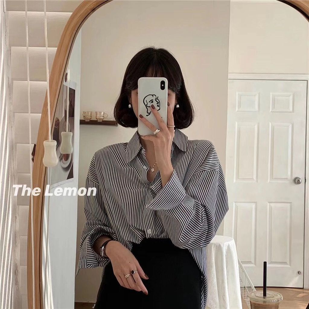 Áo sơ mi dáng rộng kẻ sọc thời trang xuân thu mới cho nữ
