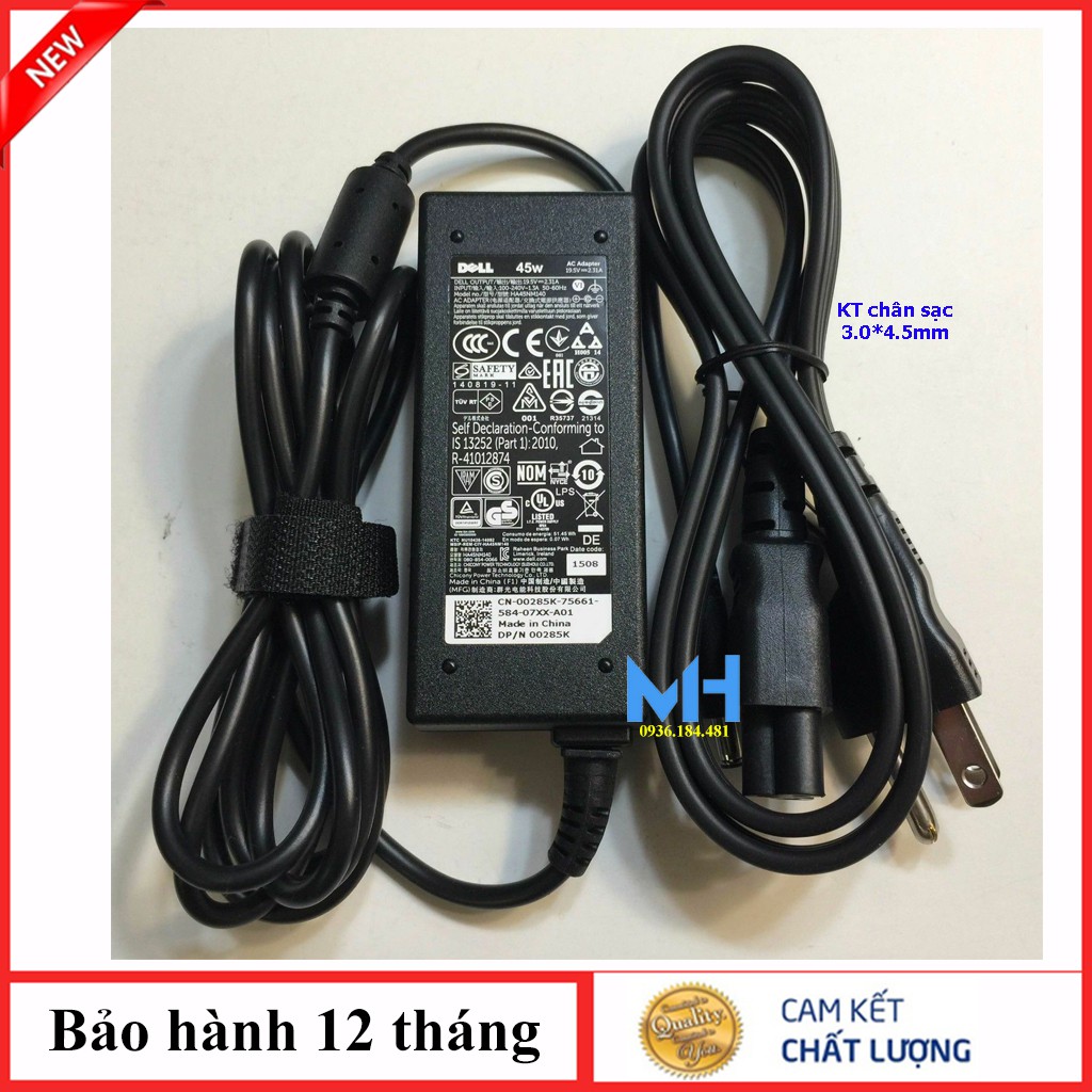 Sạc laptop Dell 19.5v-2,31a chân nhỏ zin, Sạc Dell 45w chân nhỏ ZIN có logo Dell in chìm trên thân sạc