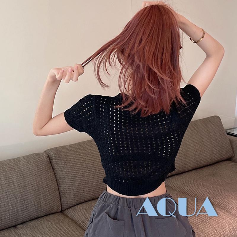 Áo Croptop Dệt Kim Tay Ngắn Cổ Tròn In Họa Tiết Trái Tim Khoét Rỗng Phong Cách Đường Phố Cho Nữ