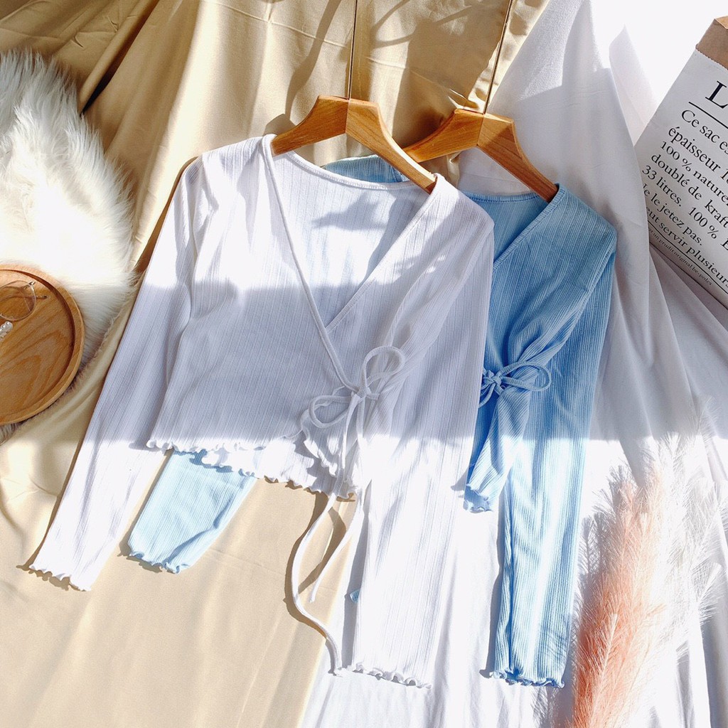 áo kiểu thun gân tay dài cột dây đắp chéo xinh đủ màu hình thật xinh xắn