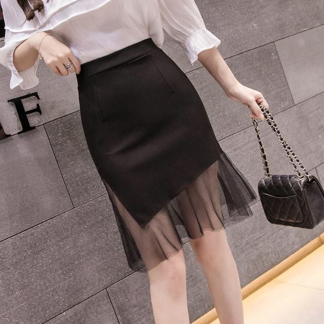 New slimming high waist hip skirt irregular skirt mesh splicing short skirt split step skirt female tide