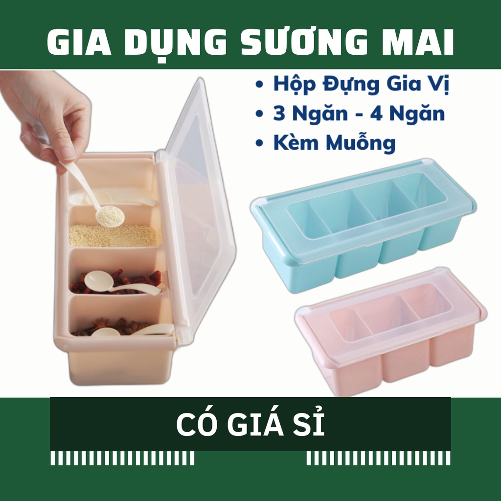 [Giá Sỉ] Bộ Hộp Đựng Gia Vị Kèm Muỗng, 3 Ngăn 4 Ngăn