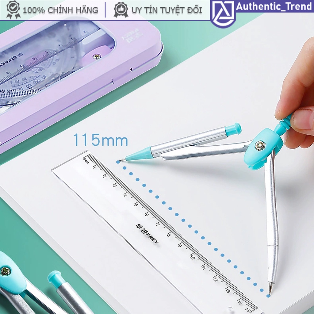 Bộ dụng cụ học tập 7 món Compa + Thước kẻ thẳng / eke / góc + Hộp sắt đựng tiện lợi