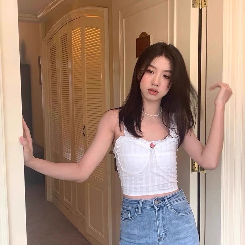 Áo/Váy Hai Dây Xoắn Biên Trắng Croptop Hoa Hồng Xinh Xắn