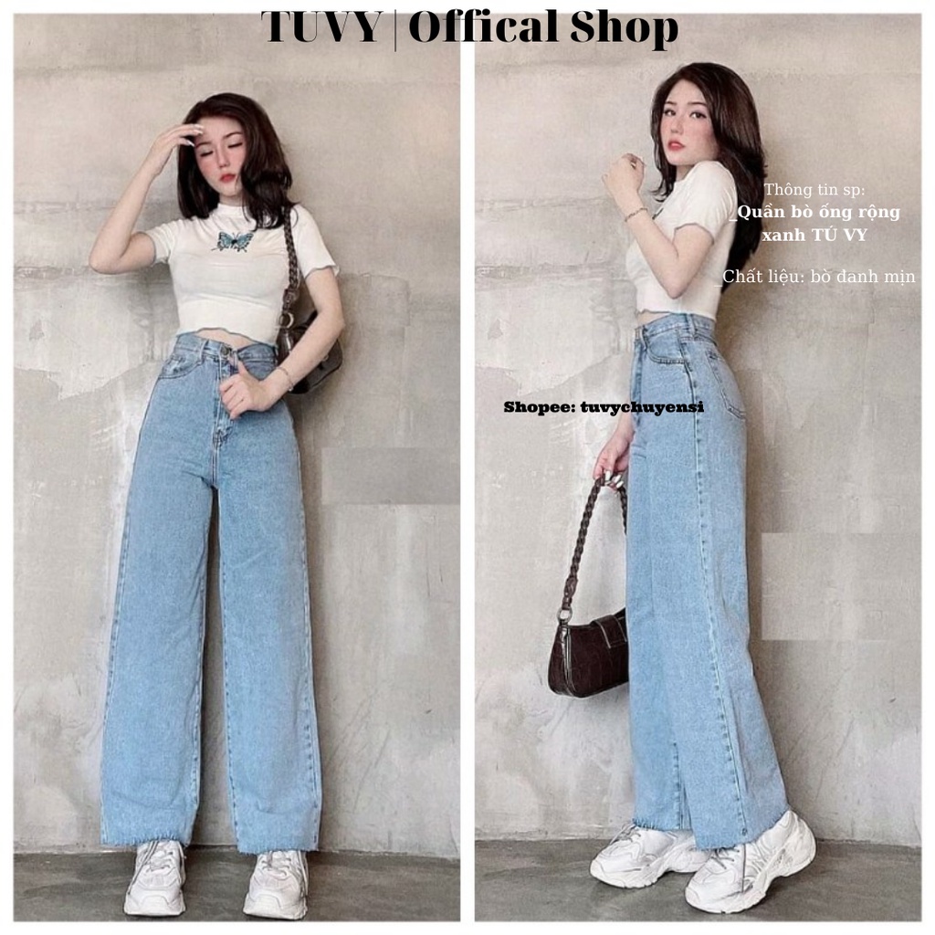 Quần ống rộng TUVYSHOP quần bò nữ cạp cao dáng suông chất đanh mịn không phai xù gập gấu 2 màu khói và xanh siêu đẹp