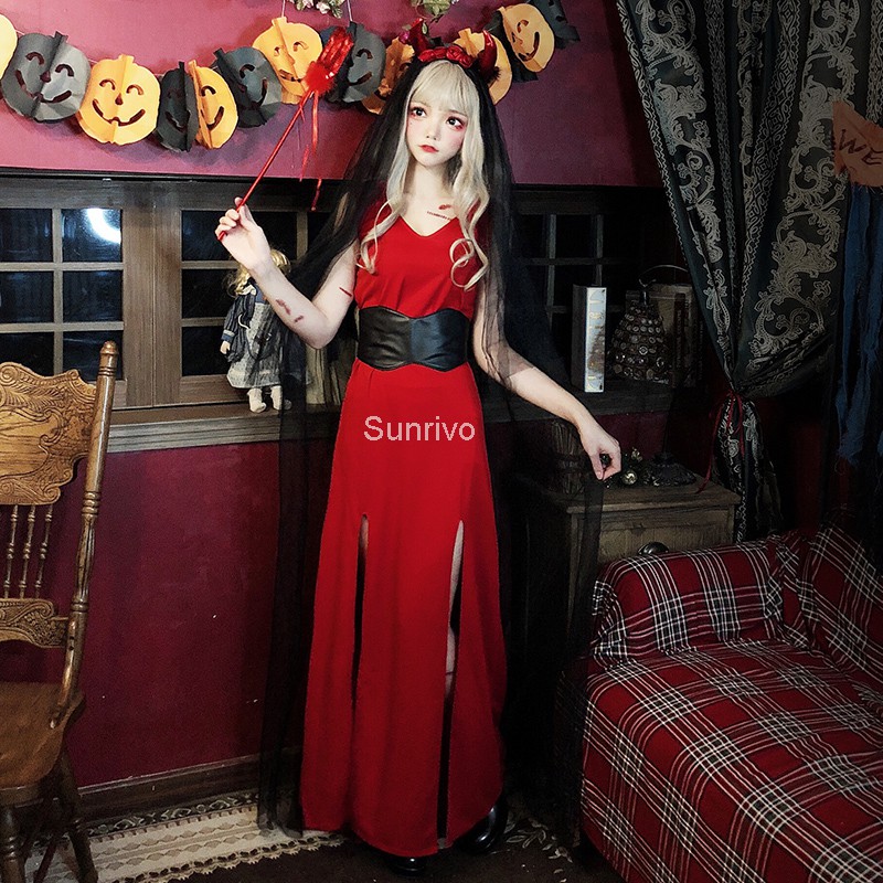 【Sunrivo】 Quần áo Cos Trang phục phù thủy đỏ Ma quỷ Cô dâu Halloween Ma cà rồng Áo dài