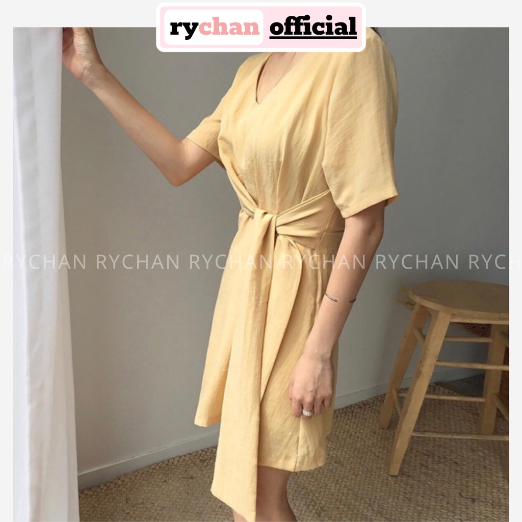 Đầm Nữ Đi Chơi Đắp Chéo Tà Cột Eo Tay Ngắn Thanh Lịch Sang Trọng Màu Vàng - DX9847