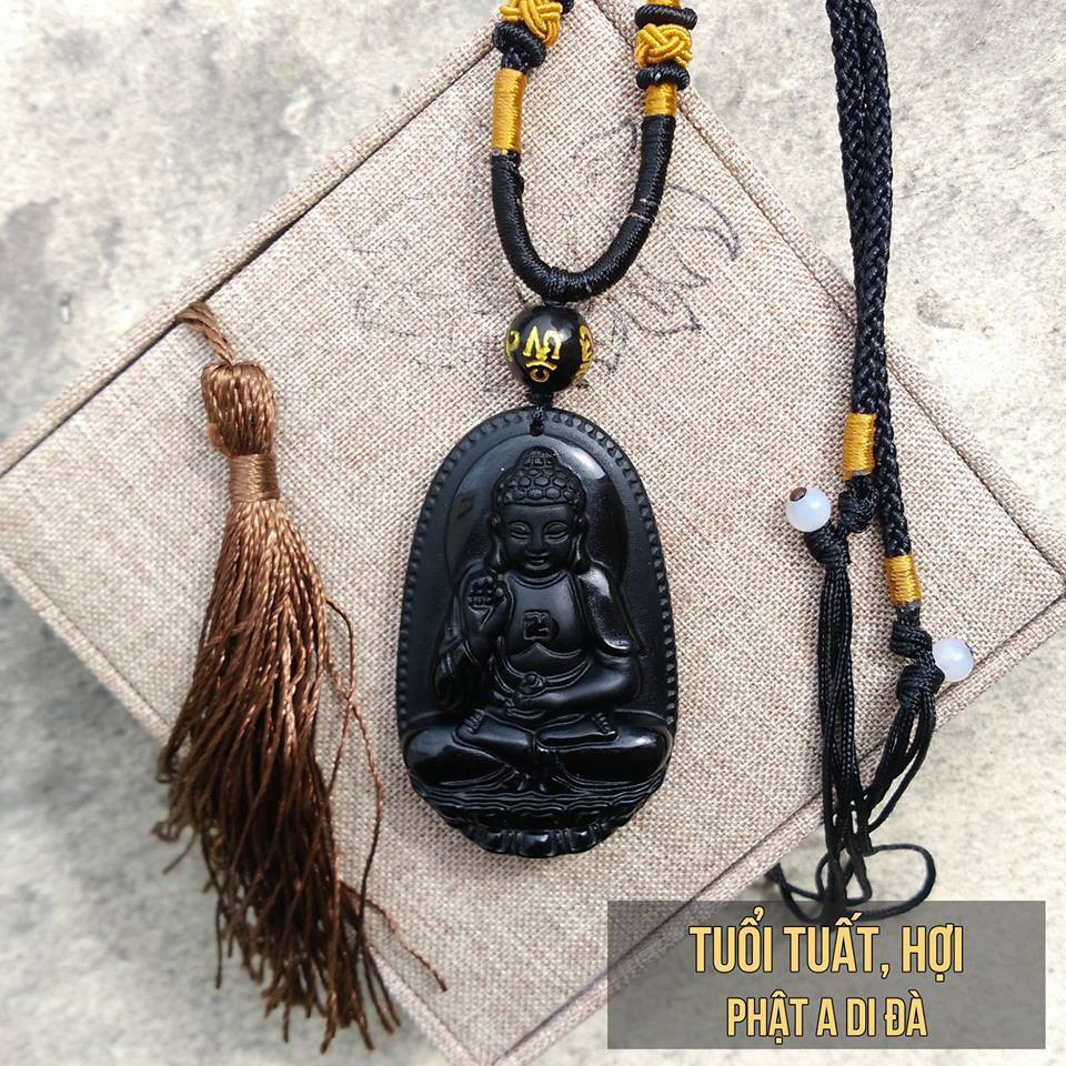 Phật Bản Mệnh A Di Đà Phù Hộ Tuổi Tuất, Hợi Đá Obsidian Màu Đen