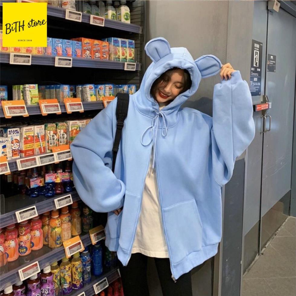 [TAI THỎ] Áo khoác nỉ nữ form rộng có mũ gắn tai thỏ trên mũ cực cute