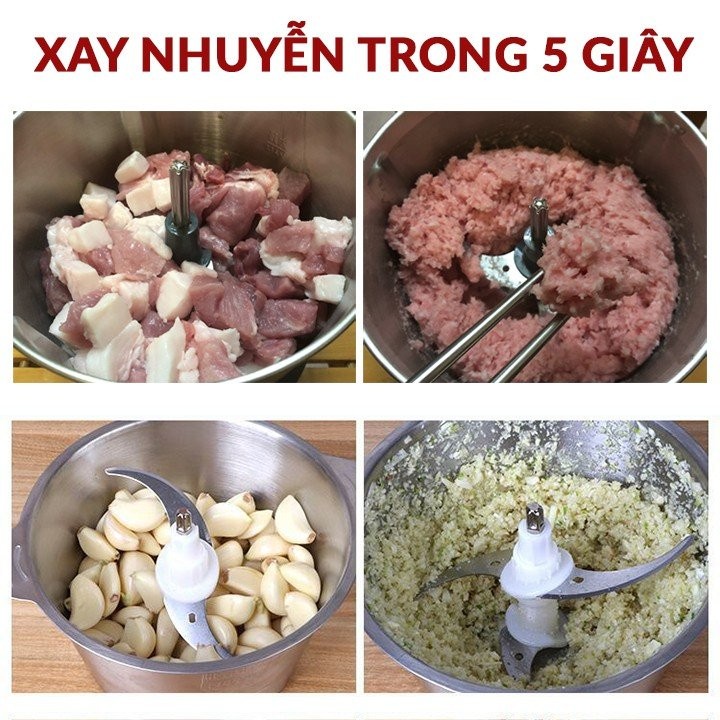 Máy Xay Thịt Cầm Tay Đa Năng Gia Đình Cối Inox 4 Lưỡi Đa năng, Công suất 250W dung tịch 2L