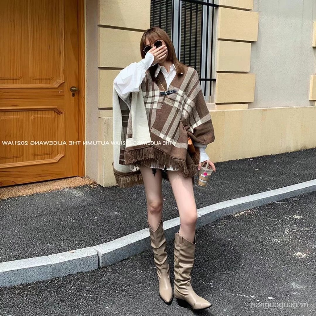 Áo choàng len hai mặt họa tiết kẻ sọc L5Fg cho nữ