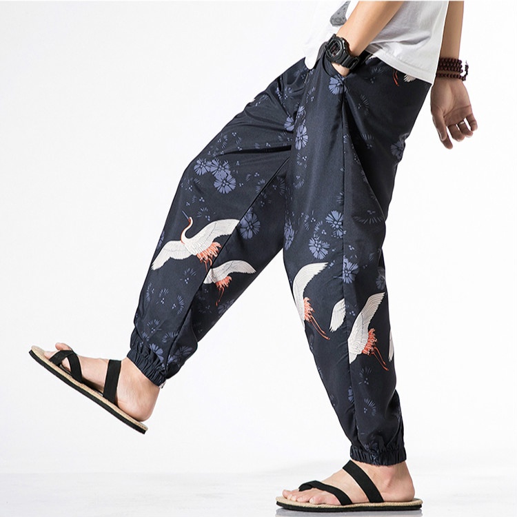 [Plus Size] Quần Ống Rộng In Hình Chim Hạc Phong Cách Harajuku Nhật Bản Chất Lượng Cao Cho Nam