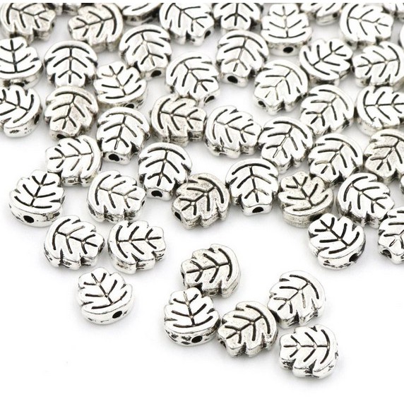 Bộ 50 Hạt Charm Hình Lá 7mm Bằng Kim Loại Màu Bạc Tây Tạng Dùng Làm Trang Sức DIY