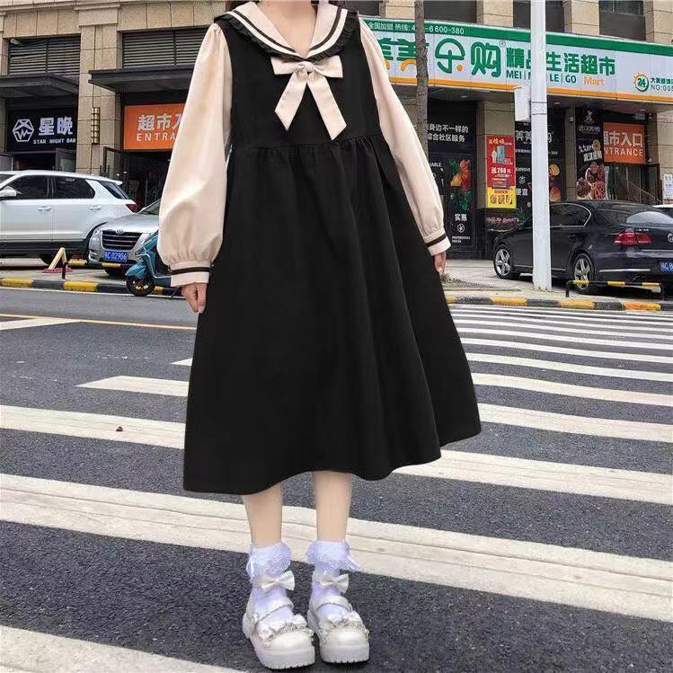 Đầm nữ tay dài cổ thủy thủ phong cách Nhật Bản mới