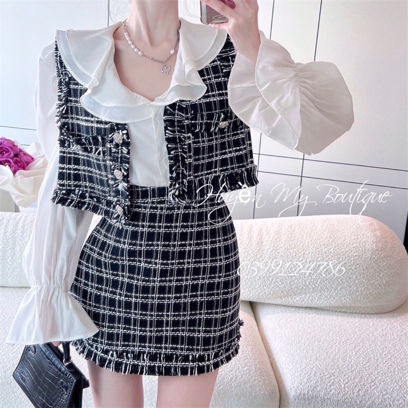 Sét dạ Tweed phối sơ mi tay phồng tiểu thư sang chảnh  Quảng Châu Cao Cấp / Sét dạ 3 món thời trang Hàn Quốc