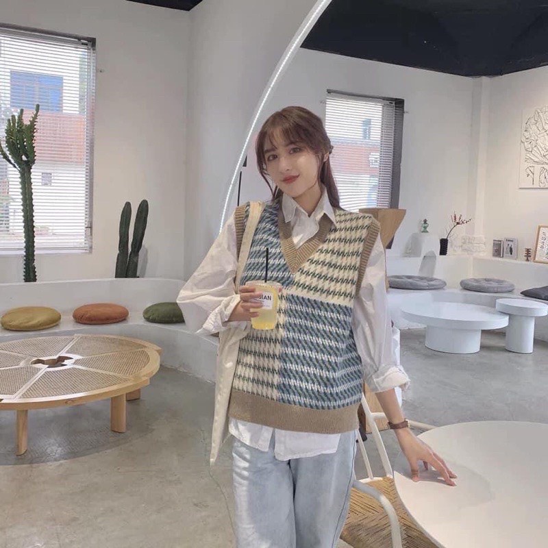 Áo gile nữ kẻ caro len thổ cẩm mềm Quảng Châu cổ V Bigzone GL123 | BigBuy360 - bigbuy360.vn