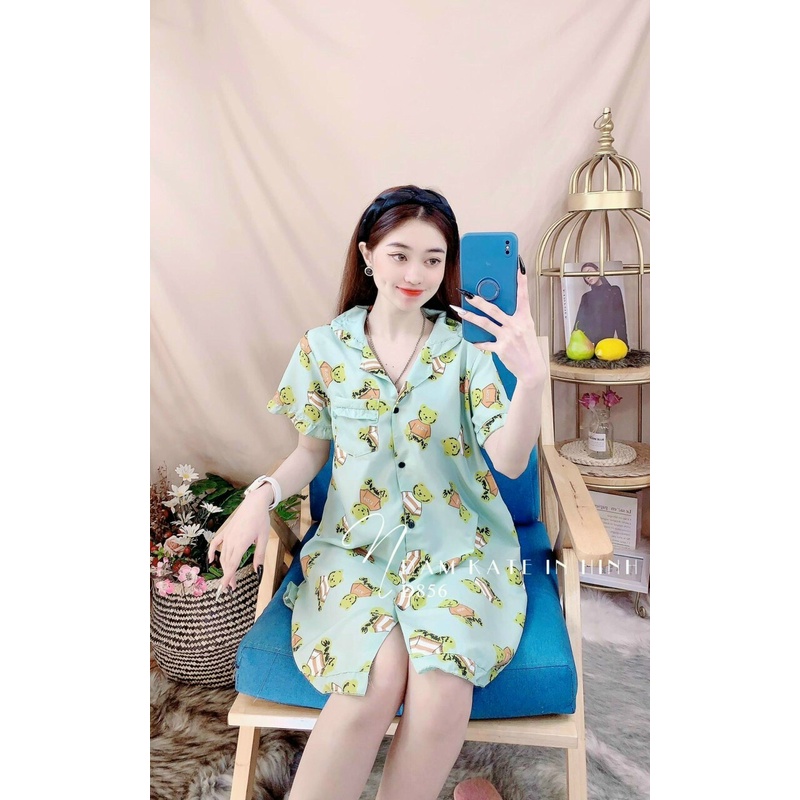 Váy Đầm Nữ-Đầm nữ kiểu dáng sơ mi vải LỤA HÀN in hình gấu siêu xinh Freesize dưới 58kg