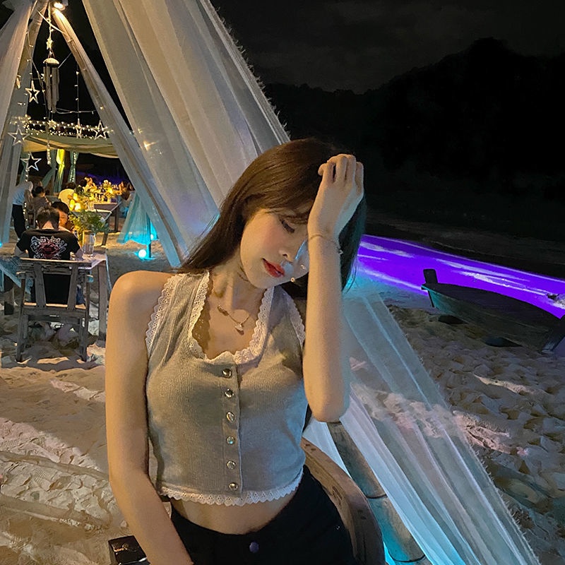 Áo Lót Dệt Kim Hai Dây Phối Ren Màu Đen Thời Trang Mùa Hè Cho Nữ | BigBuy360 - bigbuy360.vn