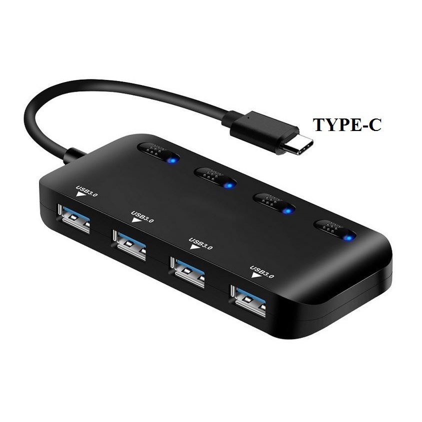 Cáp chuyển đổi từ Typec sang 4 USB 3.0 có công tắc và đèn led Ultraslim kết nối USB chuột bàn phím tay game ổ cứng...