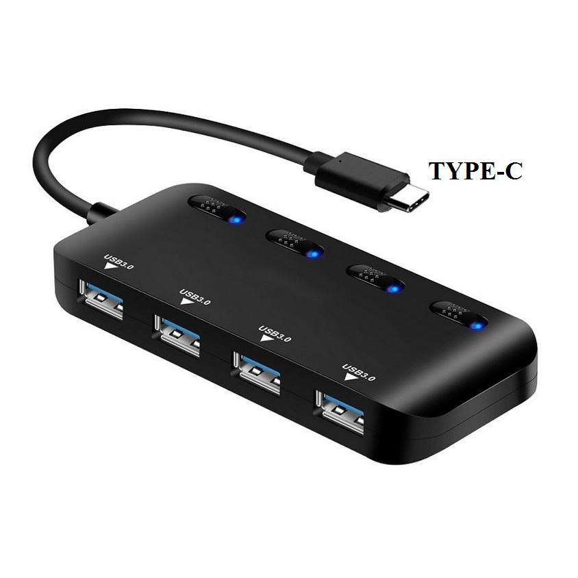 Bộ chuyển đổi từ Typec sang 4 USB 3.0 có công tắc và đèn led Ultraslim kết nối USB chuột bàn phím tay game ổ cứng...