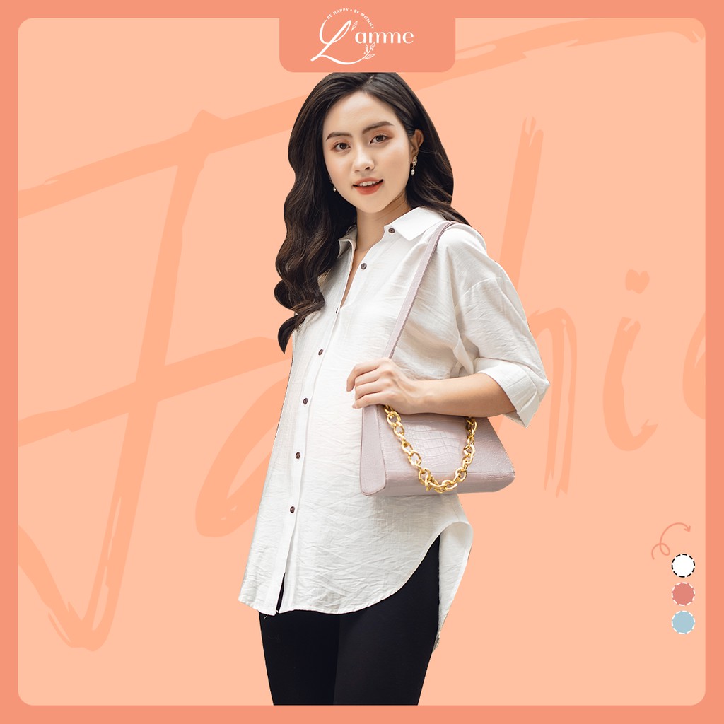 Áo bầu Button Shirt chất liệu đũi hàn mát mẻ, dễ dàng cho bé tuti thiết kế bởi LAMME