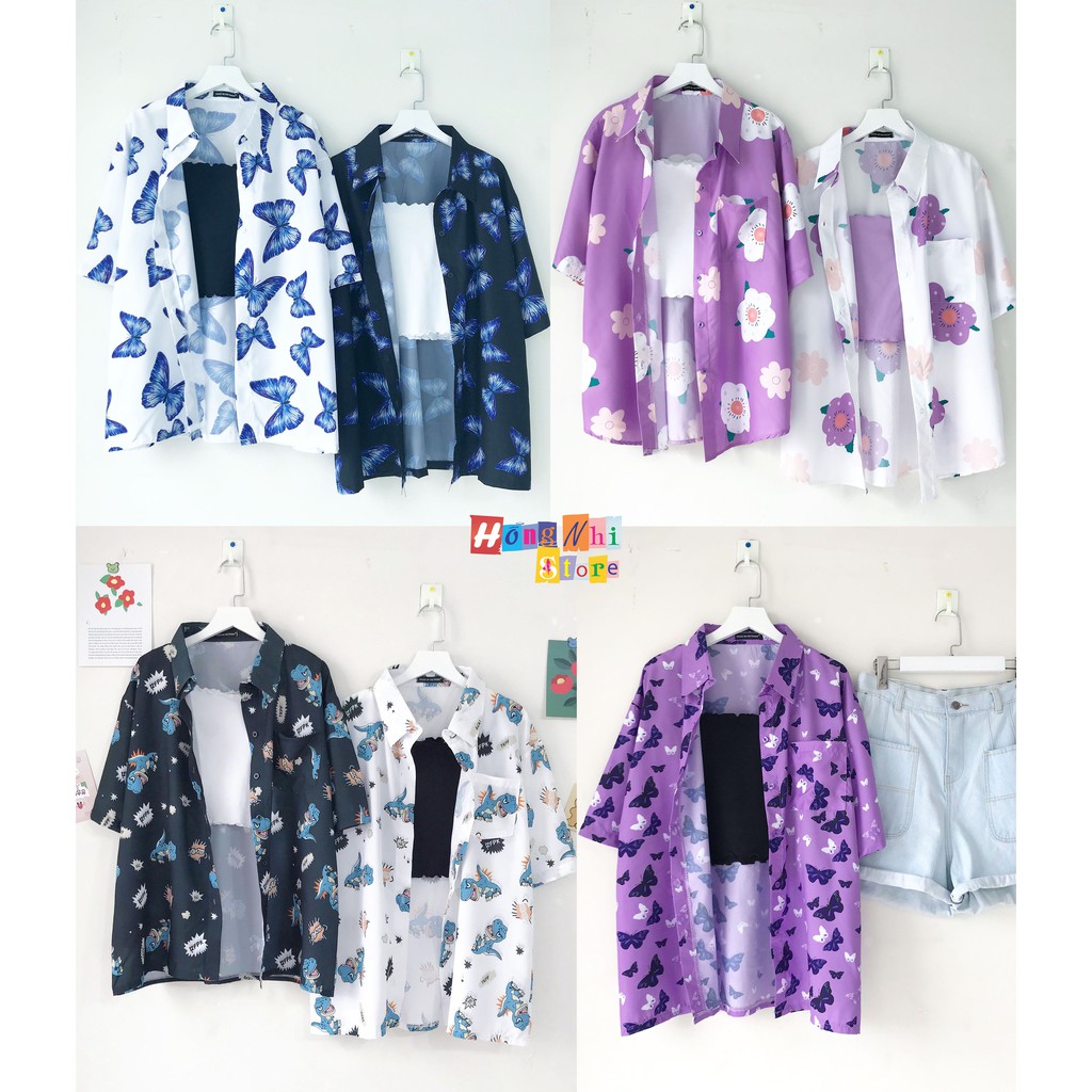 Áo Sơ Mi Họa Tiết Hoạt Hình Tay Lỡ Dáng Rộng Ulzzang Unisex, Sơ Mi Đi Biển - MM