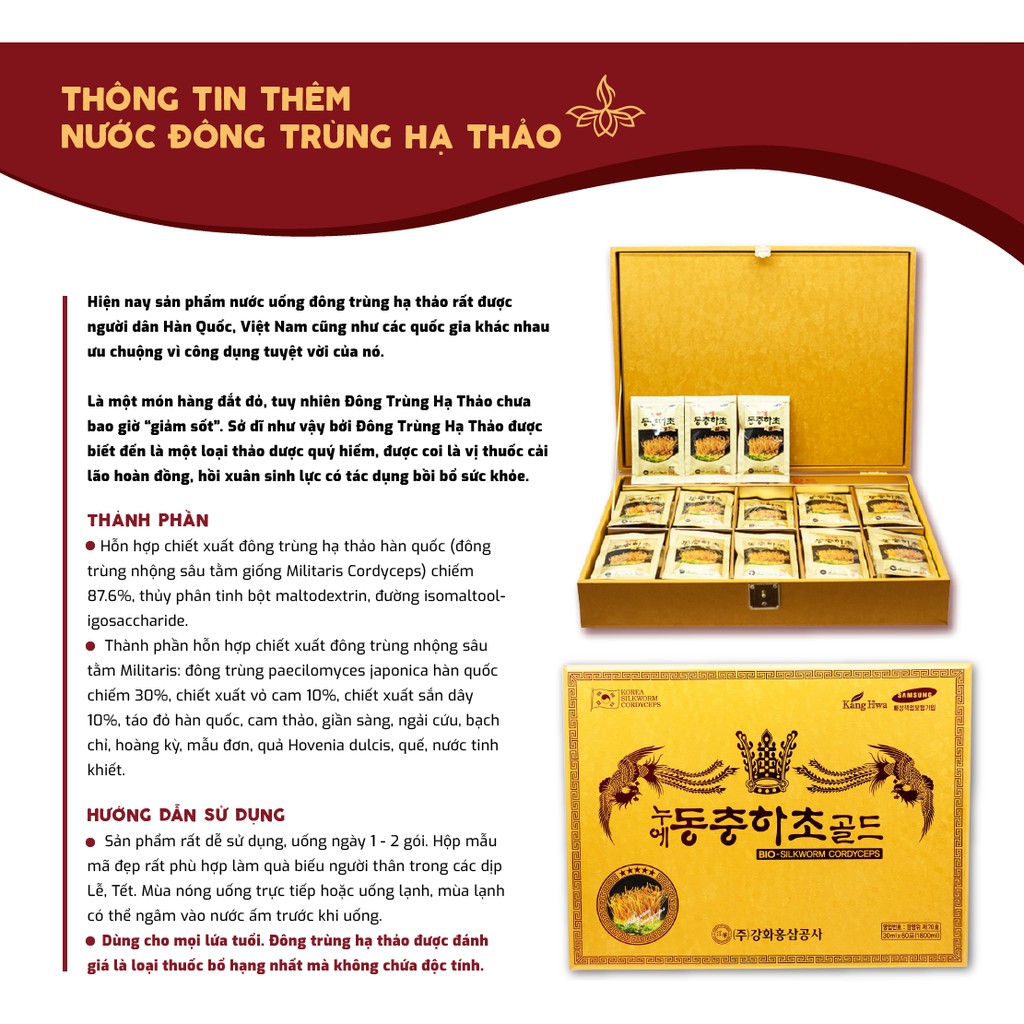 Đông trùng hạ thảo hộp gỗ vàng kanghwa 60 gói,Nước đông trùng hạ thảo hàn quốc thượng hạng