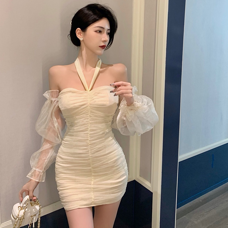 Đầm Trễ Vai Tay Dài Phối Nơ Nữ Tính